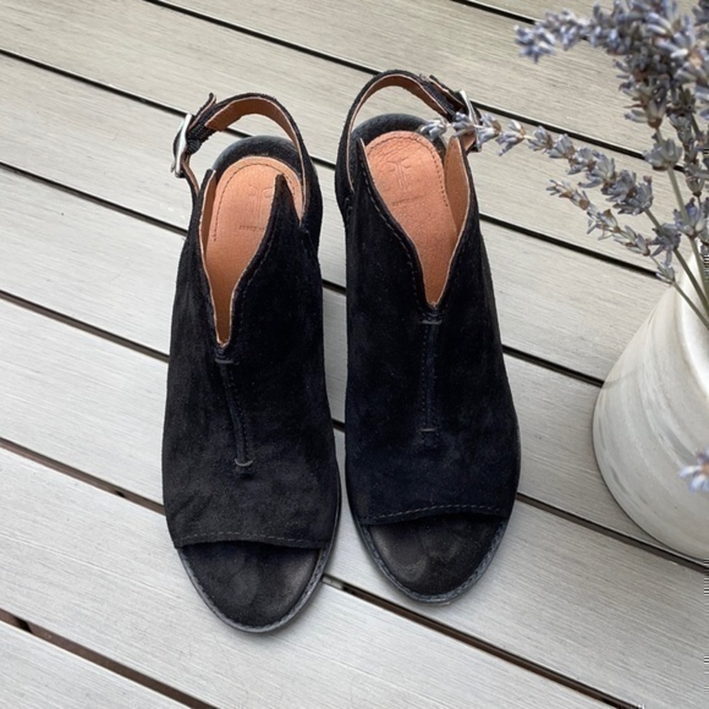 Frye black suede open toe booties shoes boots 6